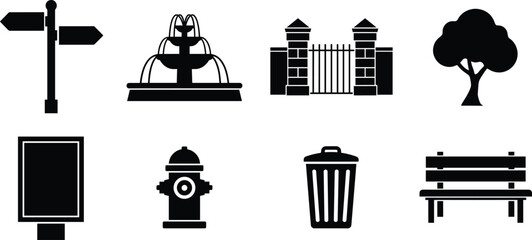 City park elements silhouette icons set with fountain bench tree trash can gate signpost fire hydrant vector illustration © mstlipibegum