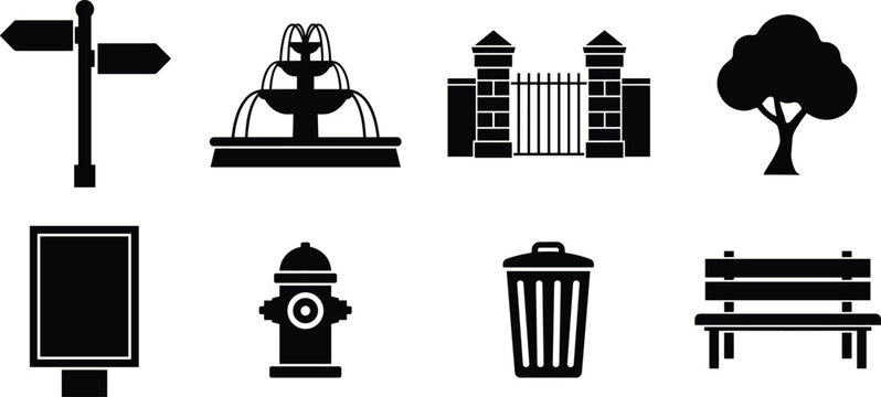 City park elements silhouette icons set with fountain bench tree trash can gate signpost fire hydrant vector illustration