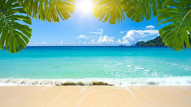 A sunny tropical beach view framed by large green leaves