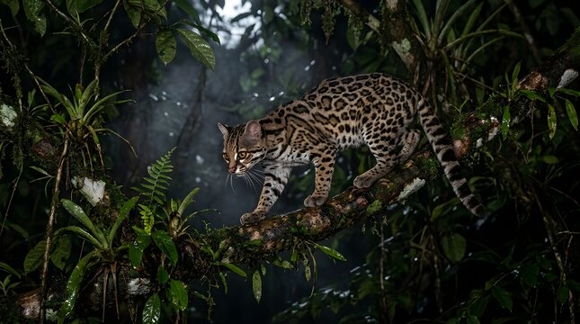 Margay cat (Leopardus wiedii) walking along a tree branch in the deep tropical rainforest