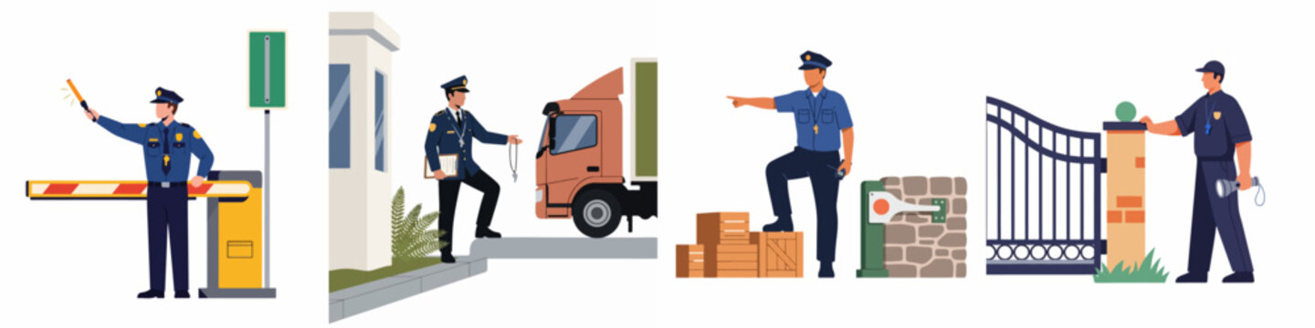 Flat illustration set of professional security guards performing various duties including gate monitoring, cargo inspection, and traffic control at checkpoints.