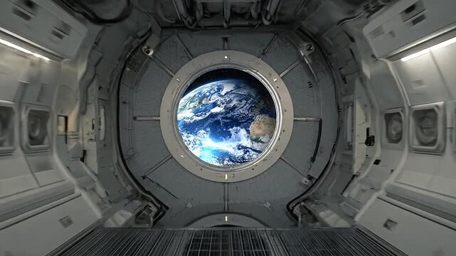 A futuristic corridor inside a spacecraft looking at a planet