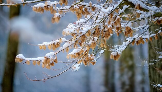 Snow Covered Alder Tree Alnus Glutinosa Branch Against Defocused Background Selective Focus And Shallow Depth Of Field