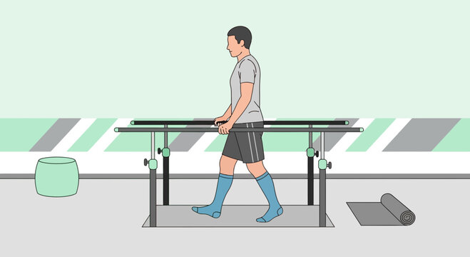Man walking with parallel bars, physical therapy and rehabilitation