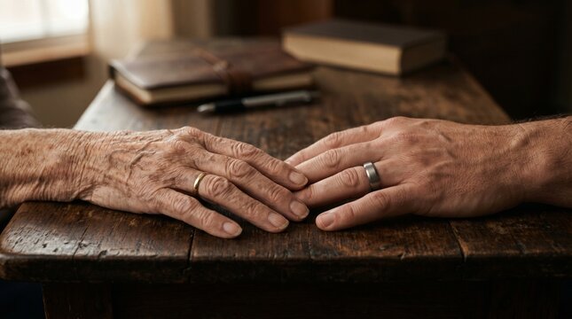 elderly adult hands resting desk generational support concept
