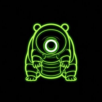 A tardigrade with a circular mouth glows in neon lime green against a black background with four pairs of stubby legs visible