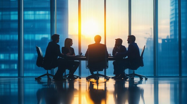 Business professionals meeting in a modern office boardroom at sunrise, discussing strategy, leadership, teamwork, corporate planning, collaboration, decision making, innovation, and business growth.