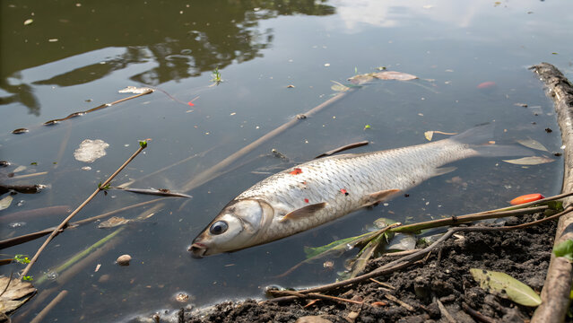 Dead fish floating in contaminated water, water pollution