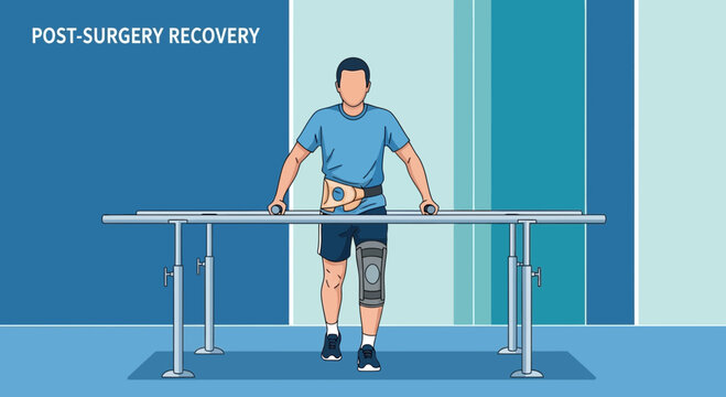 Man in Post-Surgery Recovery Walking with Parallel Bars and Knee Brace