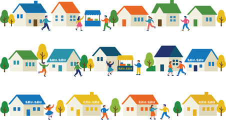 Fototapeta premium Flat vector illustration of a charming neighborhood street with colorful houses, green trees, local markets, and diverse people walking, running, and talking.