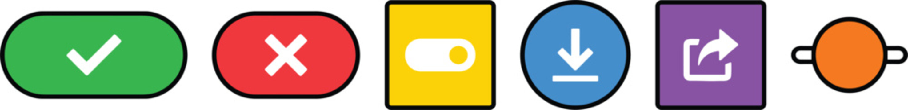Minimalist Colorful Web UI Buttons Vector Icon Set Featuring Checkmark Cross Toggle Switch Download Share and Connection Node Interface Elements