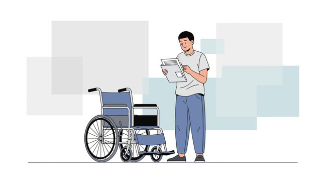 Man Reading Newspaper Next to Wheelchair, Recovery and Independence Concept
