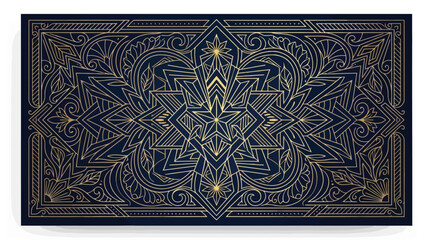 Art deco floral pattern background with golden geometric lines and star motif on dark blue © Saharia