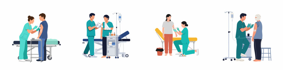 Obraz premium Set of flat illustrations depicting medical professionals administering vaccinations and injections to patients with various conditions and injuries in a clinical setting.