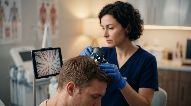 professional trichologist examining scalp digital trichoscope clinic
