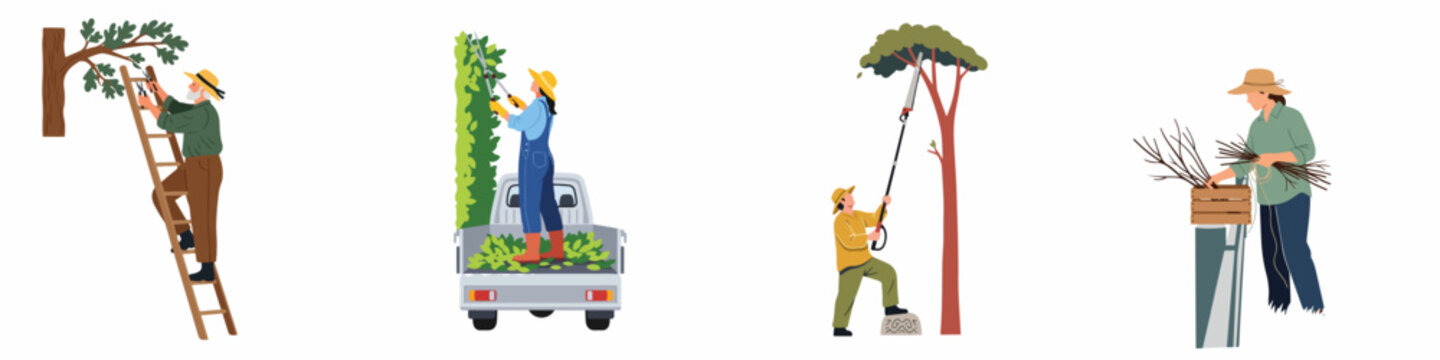Flat vector set of diverse professional gardeners and arborists pruning trees and hedges with various tools and equipment, isolated on white background.