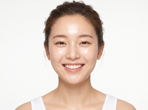 Portrait of Beautiful Young Asian Woman with Toothy Smile and Clean Glowing Skin