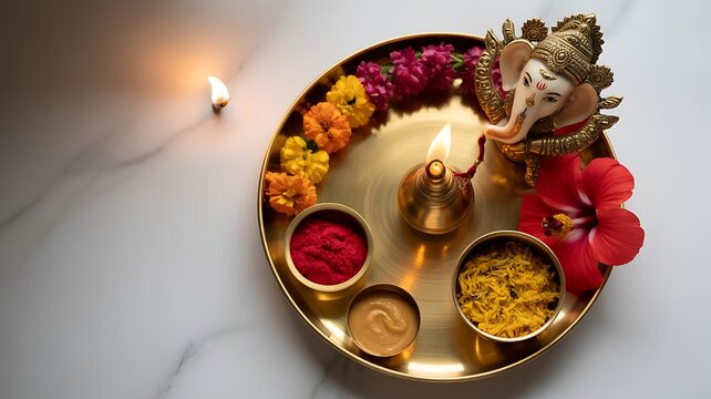 Traditional ganesha puja thali with oil lamp flowers and colorful offerings on marble background