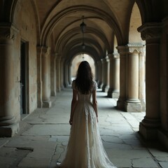 Naklejka premium Woman in lace dress walks through ancient stone corridor with arched ceiling and pillars. Architectural perspective leads into distance. Sunlight illuminates stone walkway.
