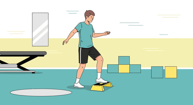 Man Exercising on Step Platform in Gym for Rehabilitation and Fitness