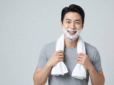 Handsome Young Asian Man with Shaving Foam on Face Smiling for Grooming Routine