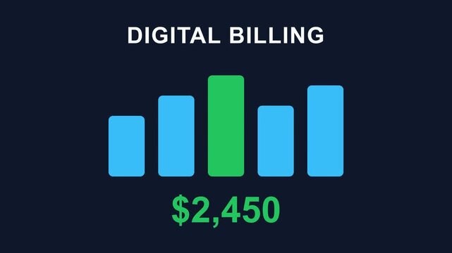 Digital billing graph animation, showing increasing financial transactions with bar chart and dollar amounts, seamless loop, symbolizing business growth and financial technology.
