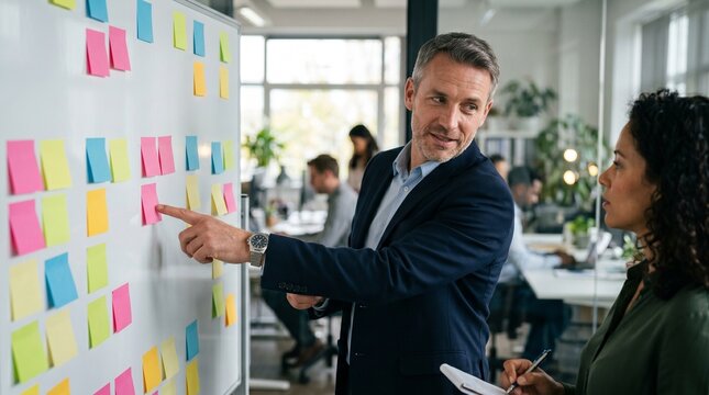man pointing sticky note whiteboard project management office
