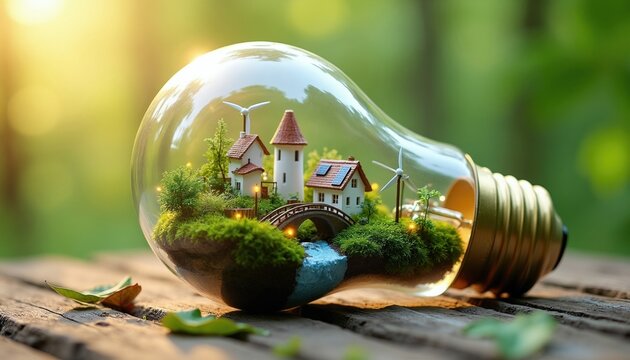 Miniature eco village inside lightbulb with tiny houses bridges windmills solar panels. Sustainable green future idea. Nature harmony concept.