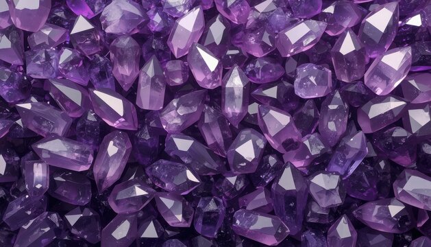 Group of purple amethyst crystal points texture with amethyst gemstone background precious crystals minerals polished geological collection meditation spiritual colorful brilliant