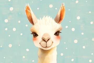Naklejka premium Portrait of a cute fluffy llama with rosy cheeks against a light blue dotted background. Digital illustration of a funny farm animal for greeting card art and children design.