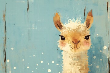 Naklejka premium Cute llama portrait in vintage art style. Artistic illustration of friendly animal with soft fur and big eye on rustic blue background. Children book design and decor concept.
