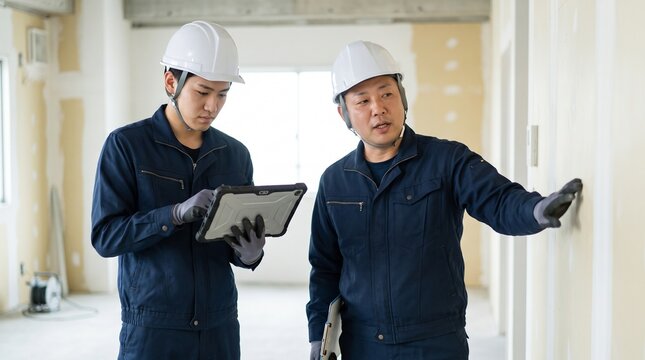 建設現場の内装工事で品質管理とOJTを行う日本人男性の現場監督と若手社員