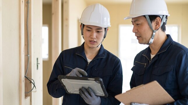 建設現場でタブレットを見ながら施工の品質管理とOJTを行う若手社員と現場監督