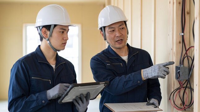 建設現場で電気配線の施工状態を点検し品質管理のOJTを行う現場監督