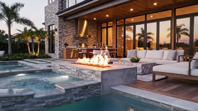 A twilight view of a luxurious modern house exterior featuring a swimming pool, integrated spa, outdoor kitchen, and fire pit area with comfortable seating.