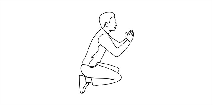 Continuous single line drawing of a man kneeling and praying with hands together in a peaceful and spiritual gesture of hope and humble devotion