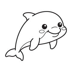 Fototapeta premium Cute Kawaii Dolphin Coloring Page with Smiling Marine Animal Cartoon Outline Vector Illustration for Kids