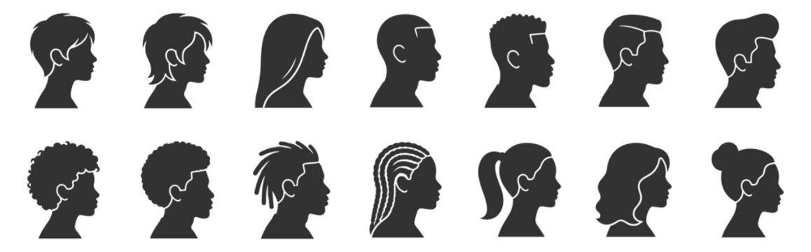 silhouettes of male and female heads with various hairstyles vector illustration on transparent background