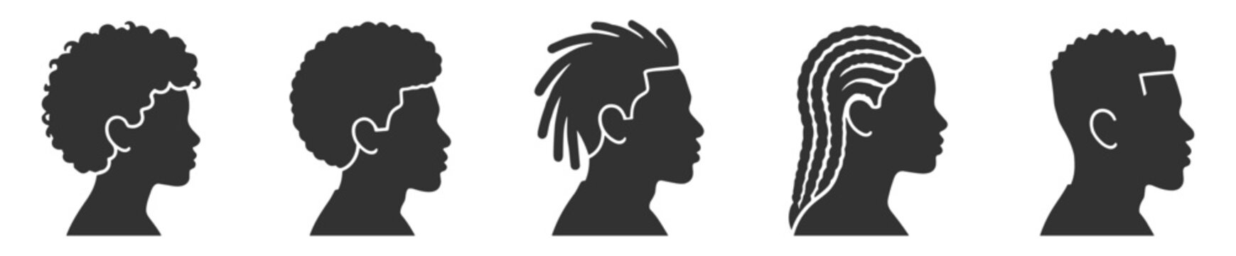silhouettes of five male heads with different african hairstyles vector illustration on transparent background