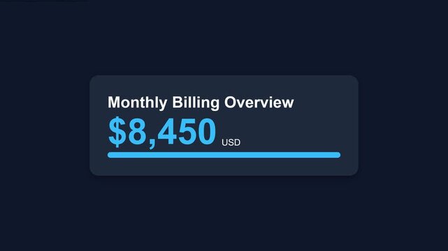 Digital display, Monthly billing overview with $8,450 USD, dark blue background, seamless loop, symbolizing financial transactions and business expenses