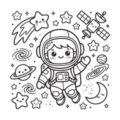 Fototapeta premium Kawaii Astronaut Space Coloring Page with Cute Stars Planets Galaxy Moon Satellite and Comet Collection