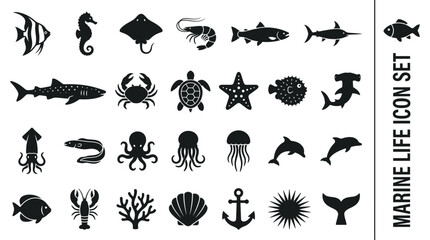 Obraz premium Various black sea creature silhouette graphics featuring sharks, turtles, and diverse aquatic life for modern underwater themed vector designs