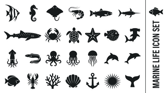 Various black sea creature silhouette graphics featuring sharks, turtles, and diverse aquatic life for modern underwater themed vector designs