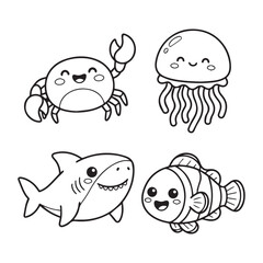 Fototapeta premium Kawaii Ocean Animals Coloring Page with Cute Crab Jellyfish Shark and Clownfish Cartoon Vector Illustration
