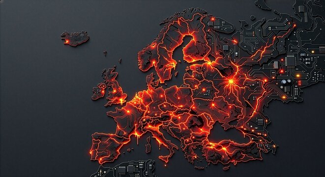An abstract motherboard map of Europe featuring glowing orange circuit lines and microchips on a dark background.
