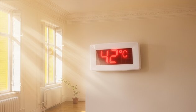 Strong sunbeams illuminate an empty room where a digital wall display shows an extreme temperature of forty-two degrees celsius.