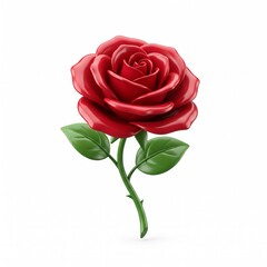 Naklejka premium Single Red Rose with Green Leaves Isolated on White Background