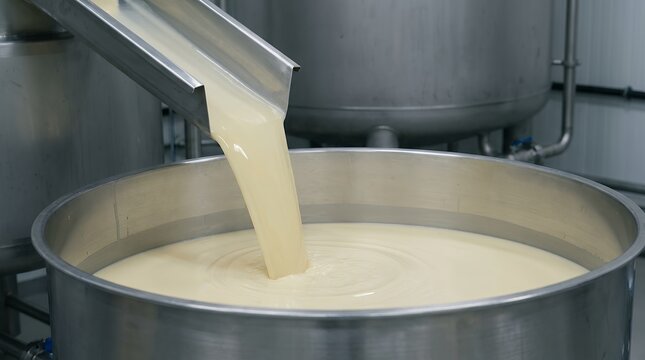 Creamy pale liquid is poured from a metal chute into a large stainless steel industrial vat creating ripples on its surface pouring food production dairy manufacturing tank