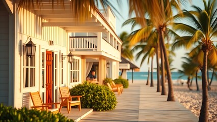 Fototapeta premium Coastal accommodation exterior with architectural charm and tranquil seaside atmosphere.