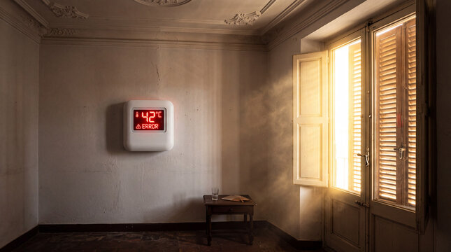 A dark dusty room features an open wooden shutter window with bright sunlight and a malfunctioning wall temperature gauge.